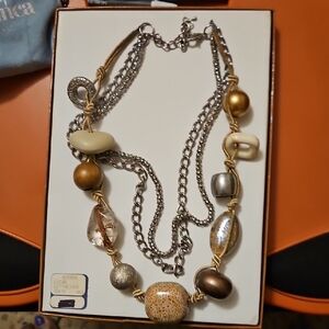 Multi-Chain Mixed Bead Necklace in Gold and Cream